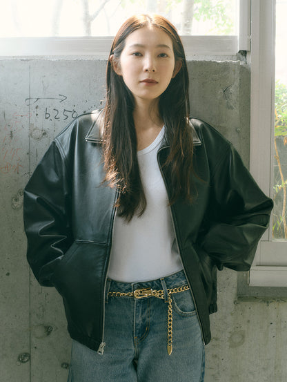 PREMIUM BLACK FULLZIP SPORTS LEATHER JACKET