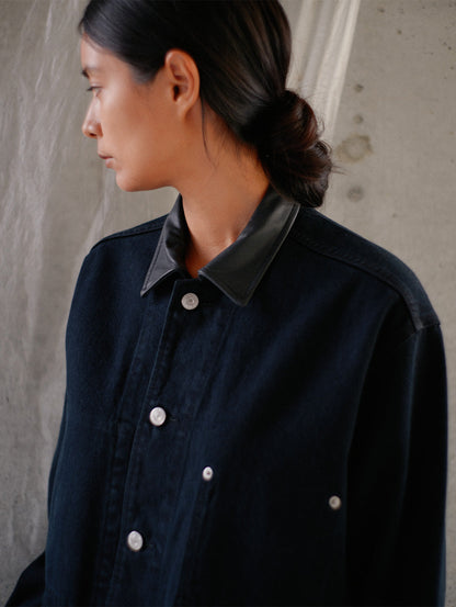 PREMIUM BLACK LEATHER WORK DENIM JACKET