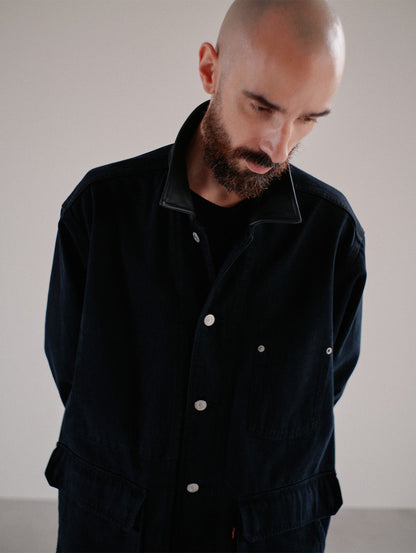 PREMIUM BLACK LEATHER WORK DENIM JACKET