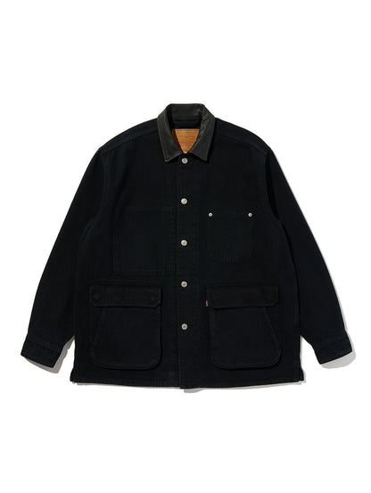 PREMIUM BLACK LEATHER WORK DENIM JACKET