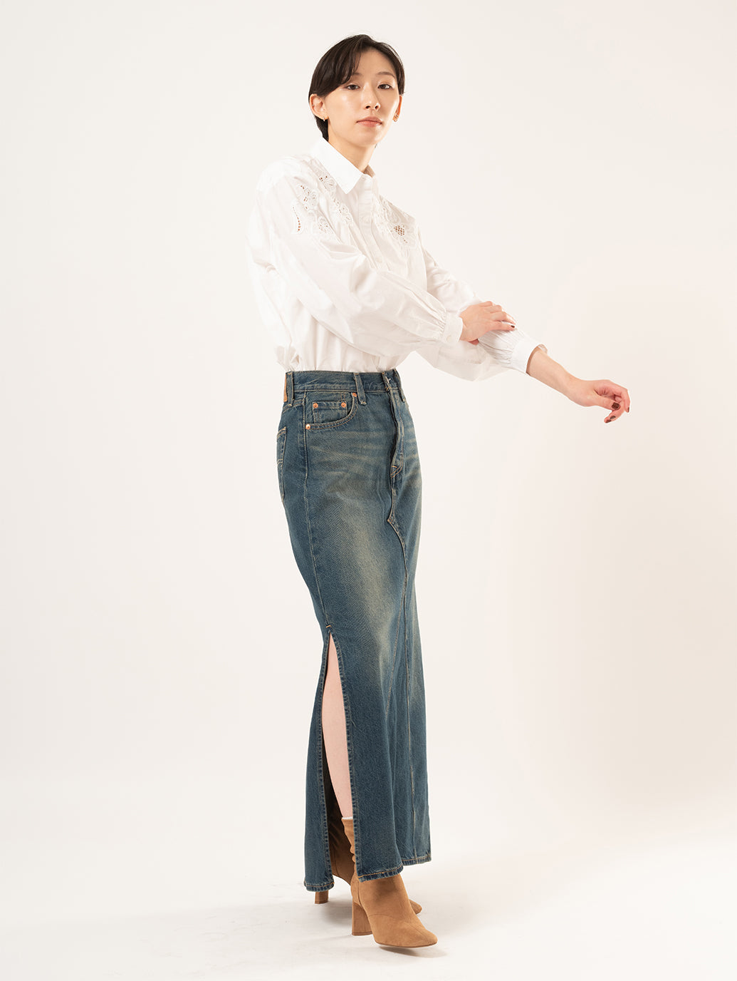 イギリス製 GRAB&MAC デニム ロングスカート スリットバイカラーデニムロングスカート | ファッション通販